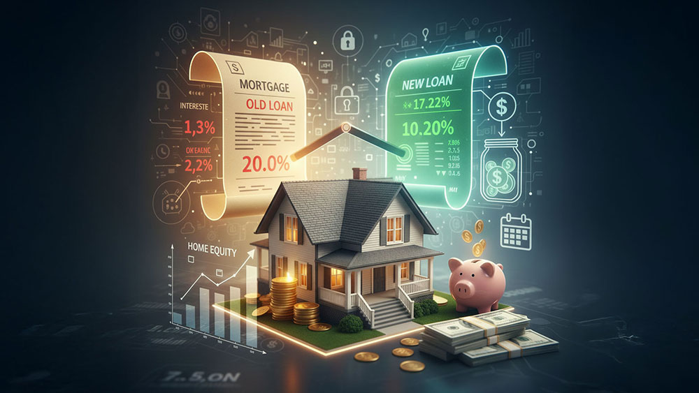 Illustration of a house surrounded by mortgage, new loan papers, charts, and money