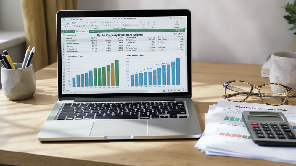 Laptop on desk with Rental Property Investment Analysis spreadsheet on the screen. A calculator and papers sit next to the computer.