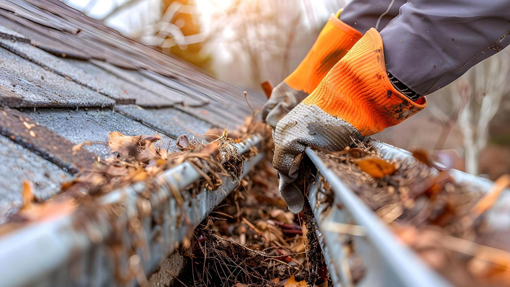 Man cleans out debris from his gutter to prevent water damage to the home.