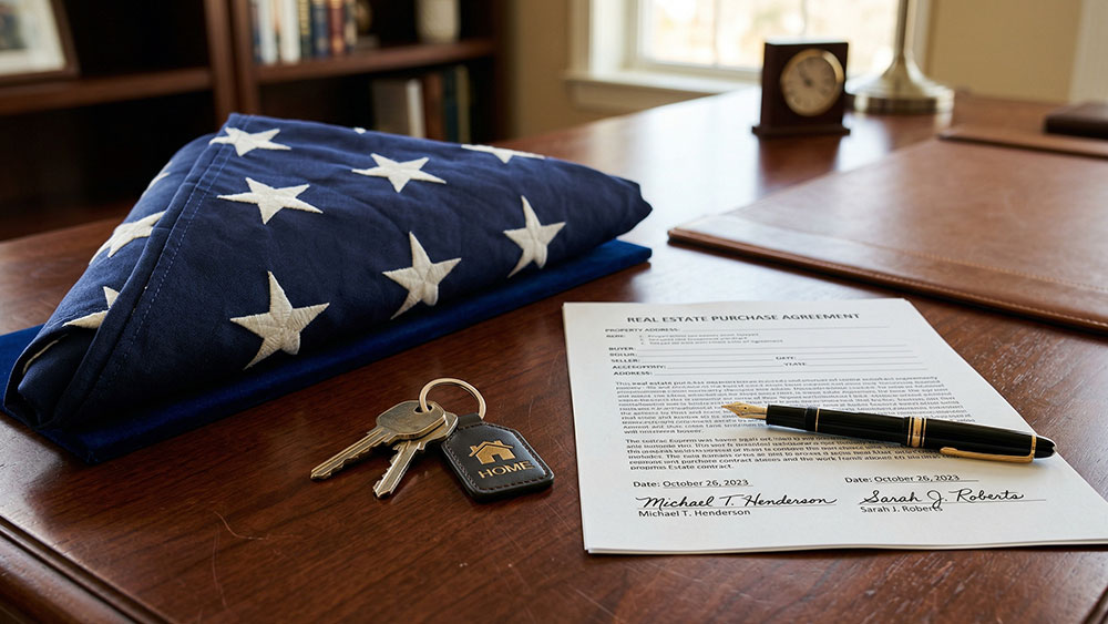 A neatly folded American flag sits next to a set of house keys, a signed real estate purchase agreement