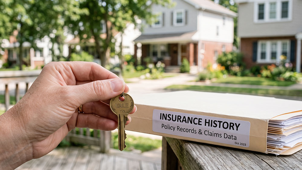 The C.L.U.E. Report: What It Is and How It Affects Your Home Sale A hand holding a house key next to a document folder labeled "Insurance History," set against a blurred background of a residential neighborhood.