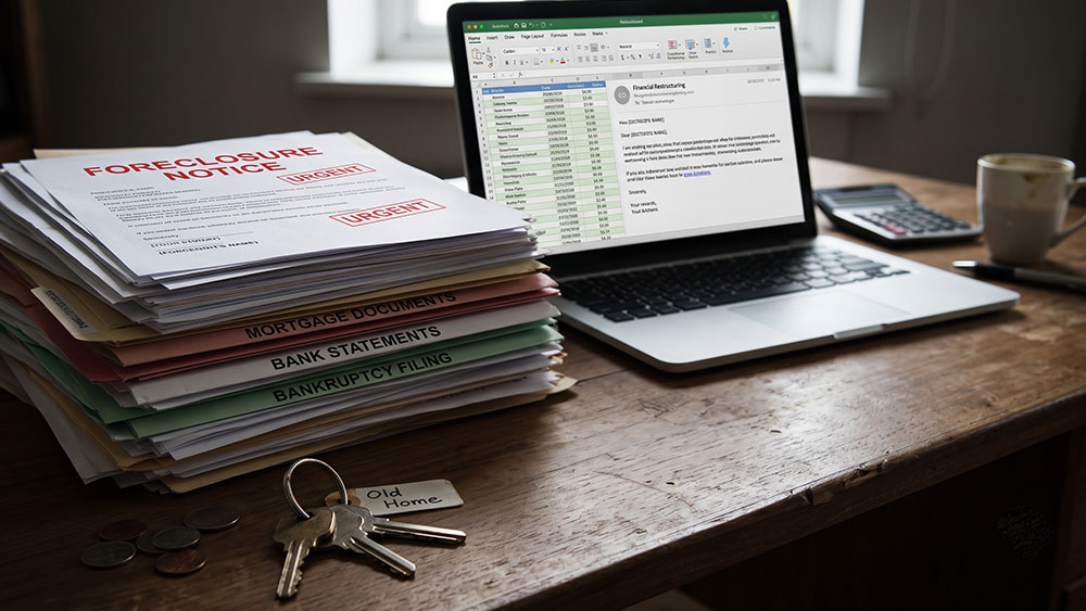 House keys sit on a desk next to a stack of financial documents and a laptop, symbolizing the transition of property ownership during a difficult financial period.