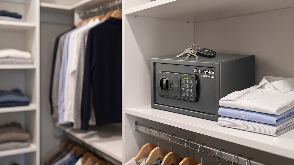 Open House Safety: How to Protect Your Valuables During Showings A small, discreet digital safe sits inside a closet, with a set of keys resting on top for securing valuables when selling a home during a home showing.