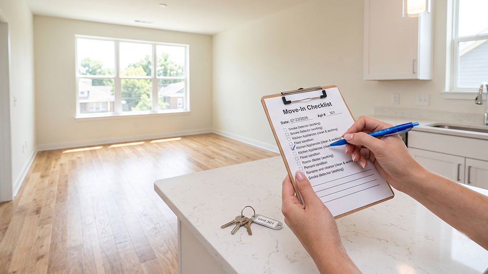 The Renter's Guide to Getting Your Full Security Deposit Back A view of a clean, empty apartment interior, with a pair of hands holding a move-in checklist and a set of keys on a nearby counter.