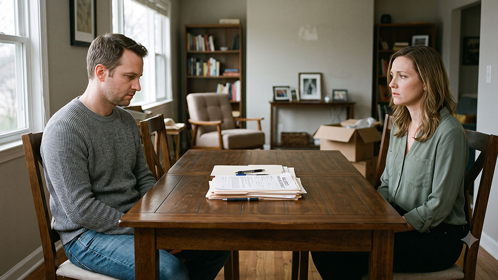 A man and woman sitting at a table with a real estate contract between them, looking toward opposite ends of the room.
