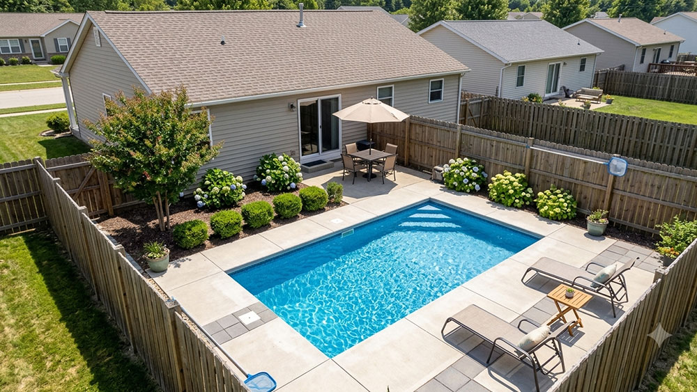 A sparkling backyard pool with crystal-clear water, surrounded by neatly arranged patio furniture and lush landscaping under a sunny sky.