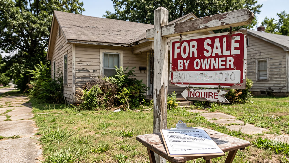 A worn "For Sale" sign stands in front of an older home with visible exterior wear with a clipboard showing an inspection report.