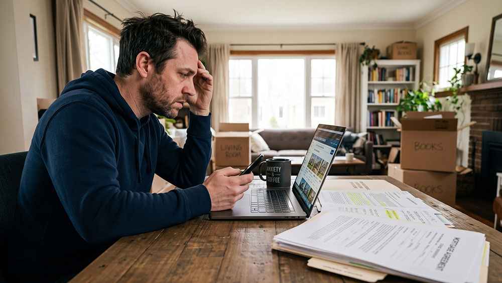 Stressed homebuyer dealing with financing issues, looking at a laptop and phone next to scattered real estate contracts and moving boxes