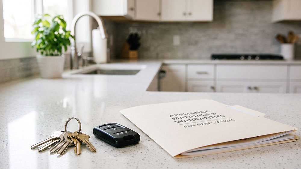 The Buyer's Walk-through: What Sellers Need to Have Ready A clean kitchen counter with house keys, a garage door remote, and a folder of appliance manuals prepared for new owners, illustrating closing-day preparation for home sellers.