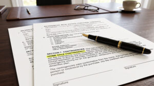 A real estate purchase contract with a fountain pen resting on a highlighted home sale contingency clause, illustrating how to navigate contingent home offers.