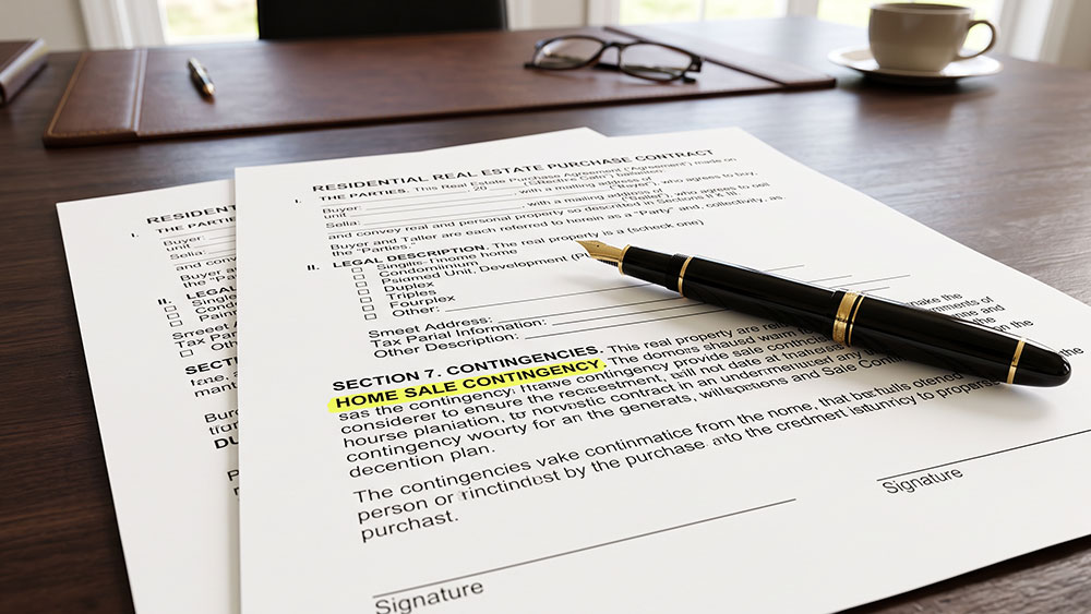 How to Handle Contingent Offers When Selling Your Home A real estate purchase contract with a fountain pen resting on a highlighted home sale contingency clause, illustrating how to navigate contingent home offers.