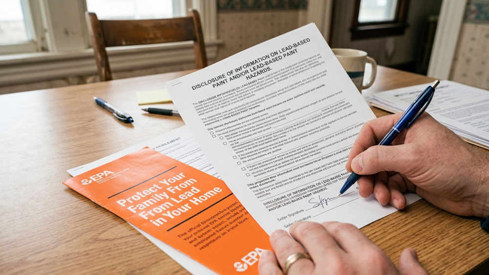 Navigating Real Estate Disclosures: What You Legally Must Reveal A home seller signs a mandatory federal lead-based paint real estate disclosure form alongside the official EPA safety pamphlet.