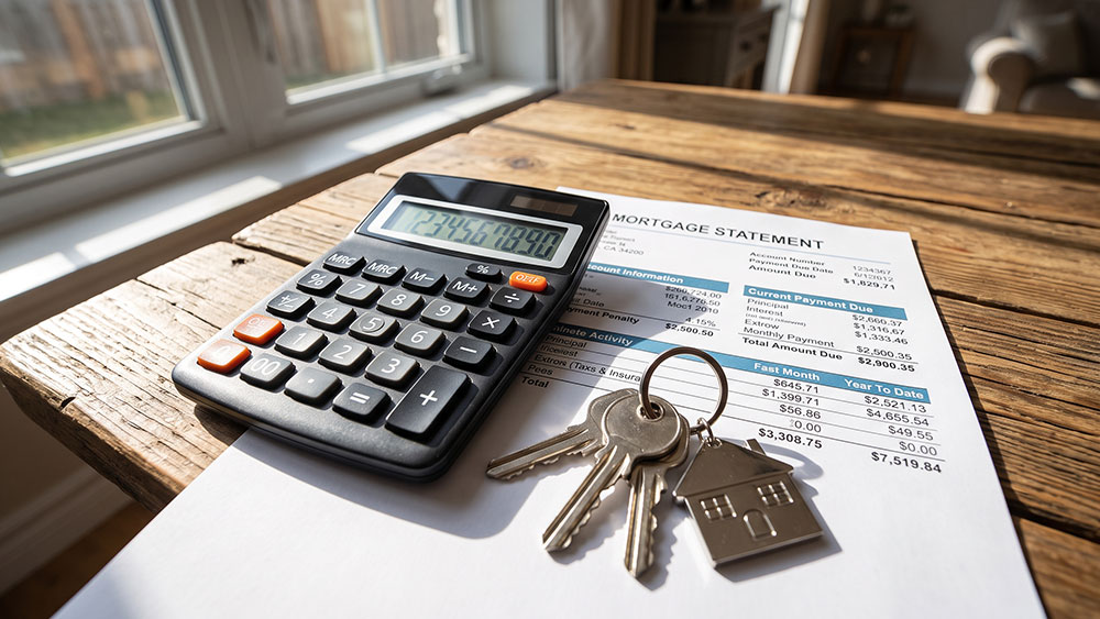 The Financial Impact of Selling a Home Before Paying Off the Mortgage A hand calculator sits on a mortgage statement and house keys, illustrating a homeowner calculating equity and payoff quotes when selling a house with an existing mortgage.