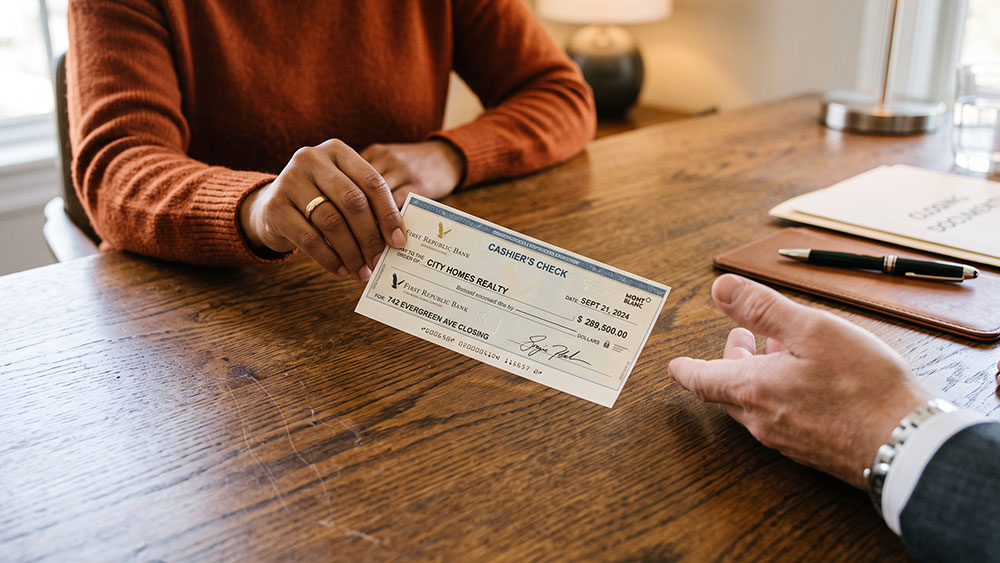 What is Earnest Money and How Much Should You Offer? A homebuyer slides a cashier's check across a desk to a real estate agent, representing an earnest money deposit for a property purchase.