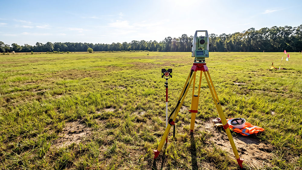 Buying Vacant Land: Zoning, Utilities, and Building Restrictions A sprawling, sunlit grassy vacant lot featuring a surveyor's tripod in the foreground and a distant tree line, illustrating land surveying for a real estate purchase.